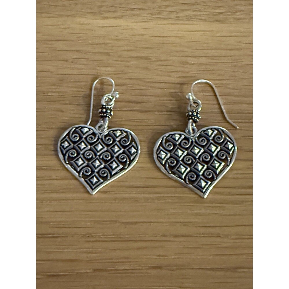 Vintage Filigree Love Heart Dangle Hook Earrings 1990s Art‎ Deco Style 925 Rare